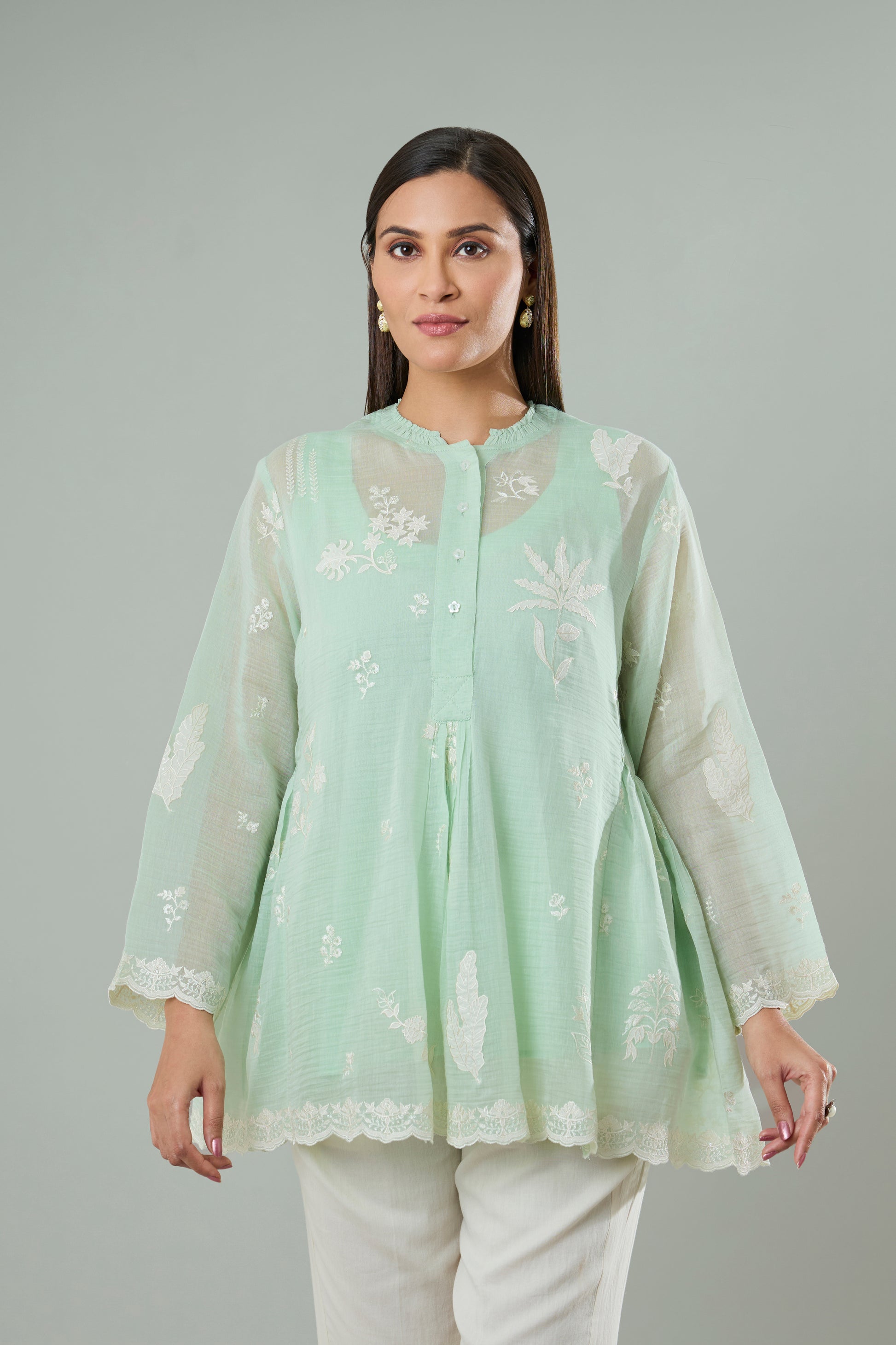 Light Pistachio Mul Chanderi Cream Floral Appliqué Top