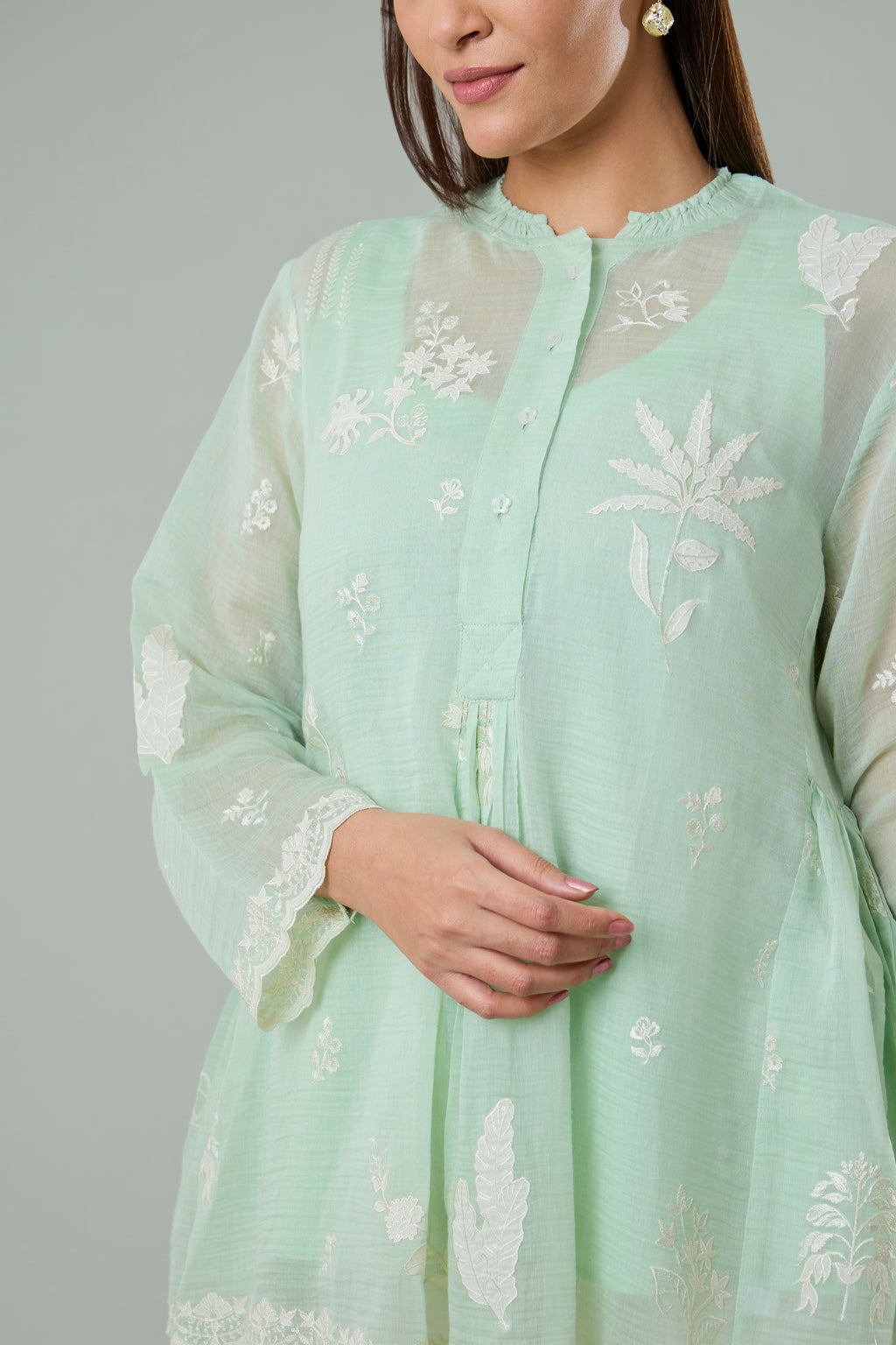 Light Pistachio Mul Chanderi Cream Floral Appliqué Top