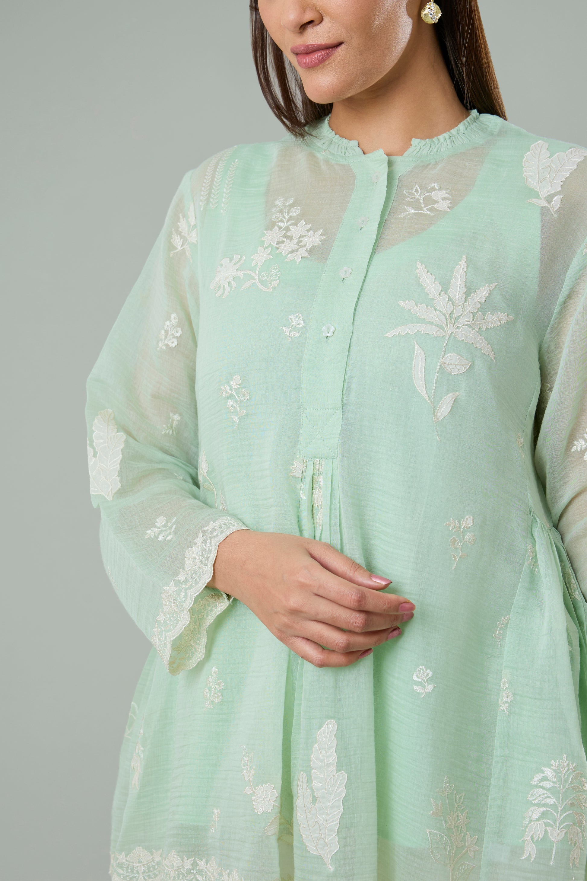 Light Pistachio Mul Chanderi Cream Floral Appliqué Top
