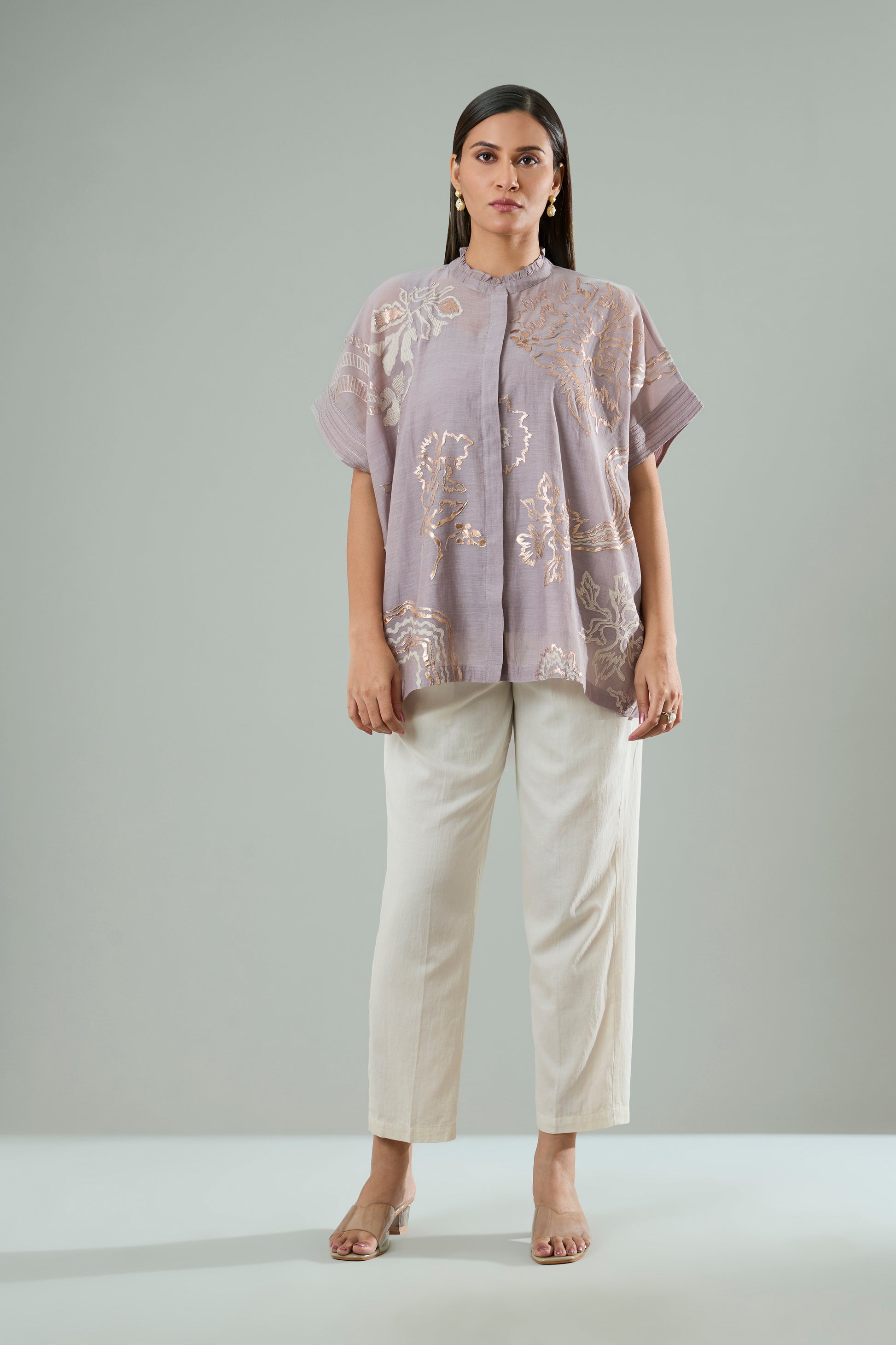 Lilac Mul-Chanderi Embroidery and Gold Appliqué Top