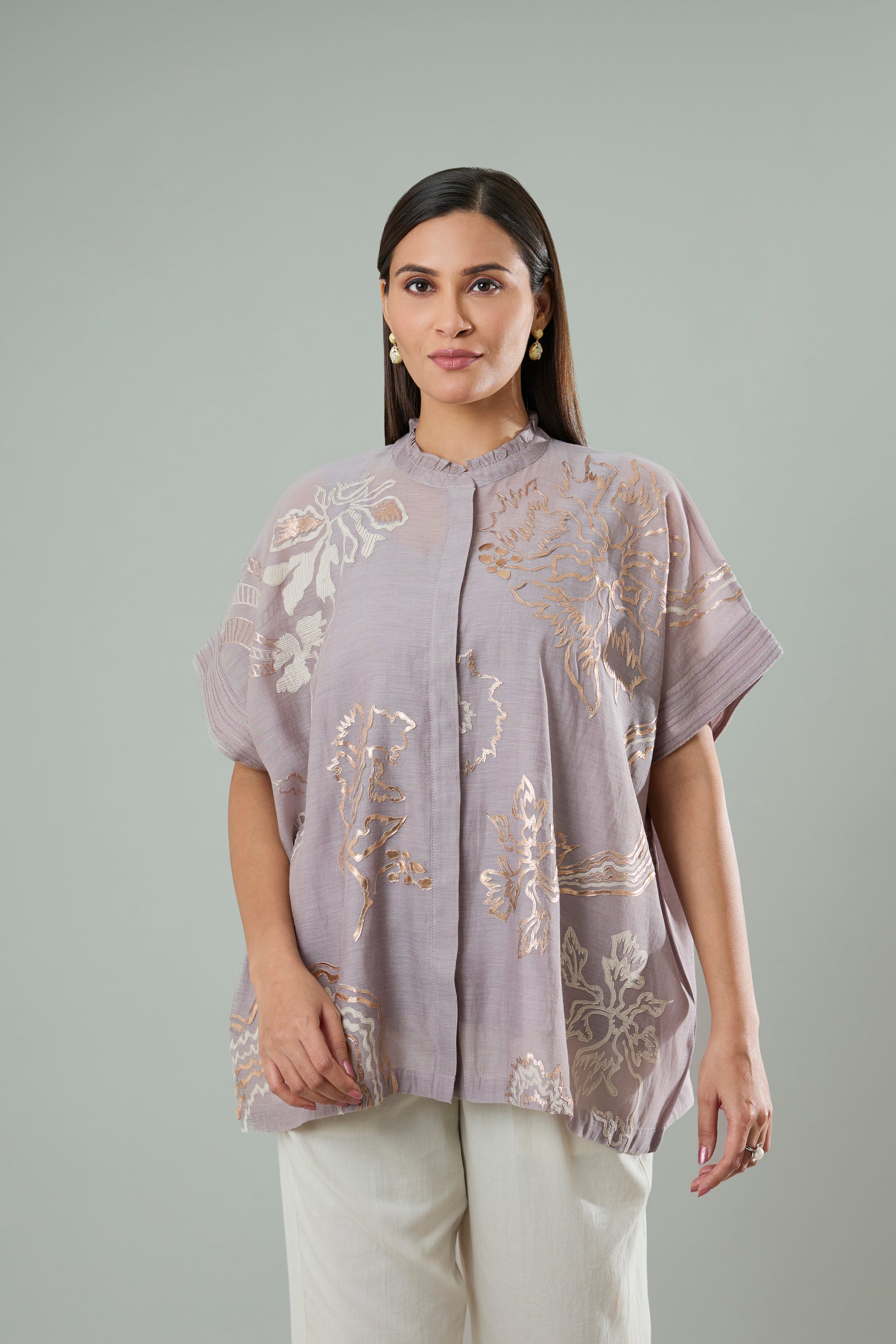 Lilac Mul-Chanderi Embroidery and Gold Appliqué Top