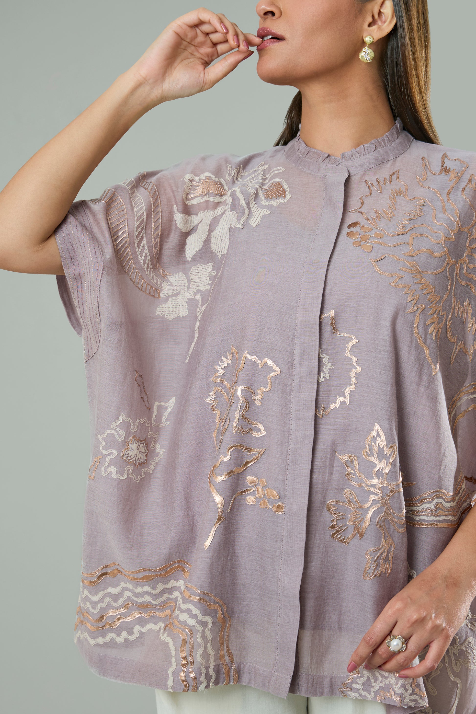 Lilac Mul-Chanderi Embroidery and Gold Appliqué Top