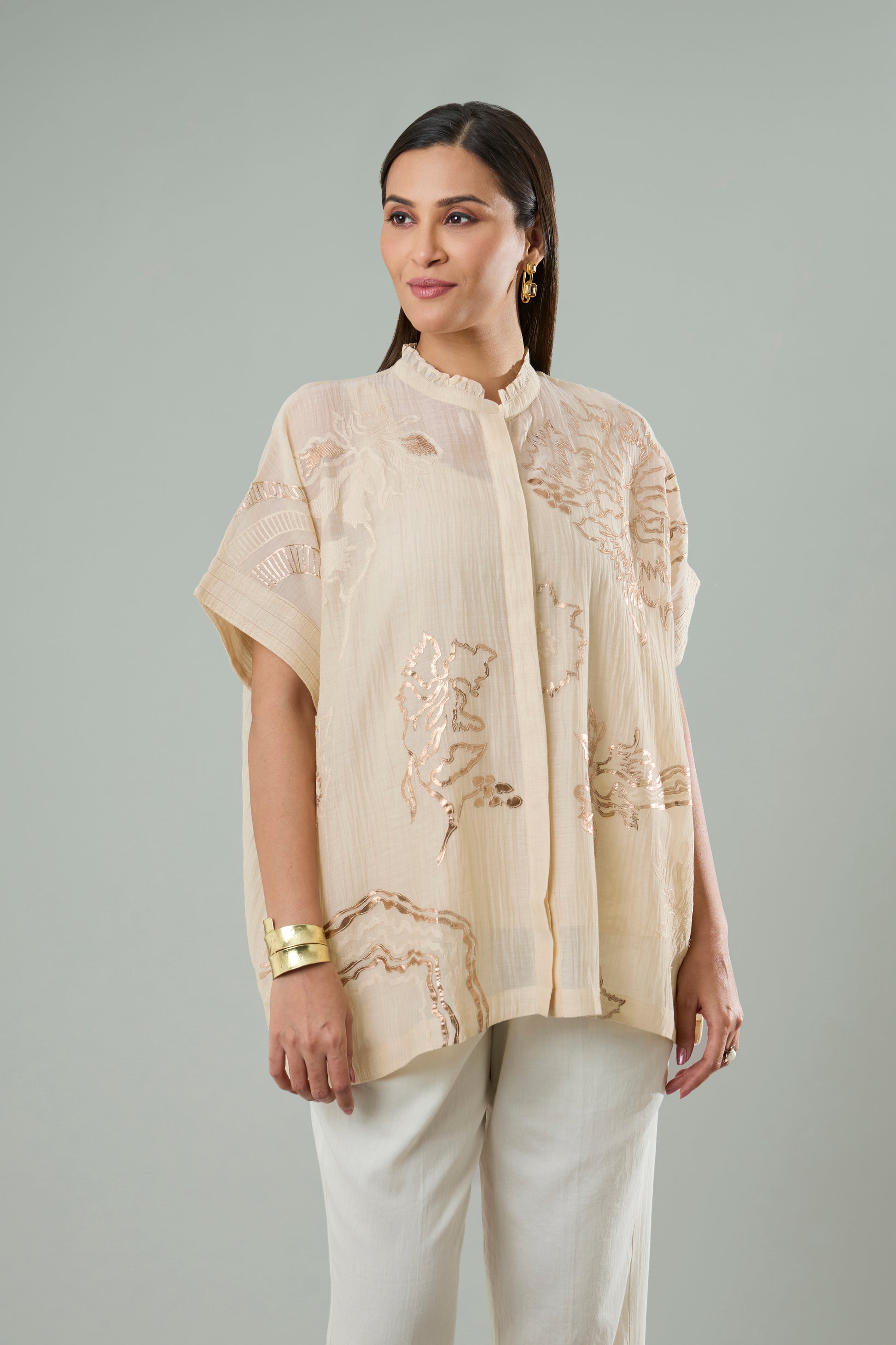 Chiku Mul-Chanderi Embroidery and Gold Appliqué Top