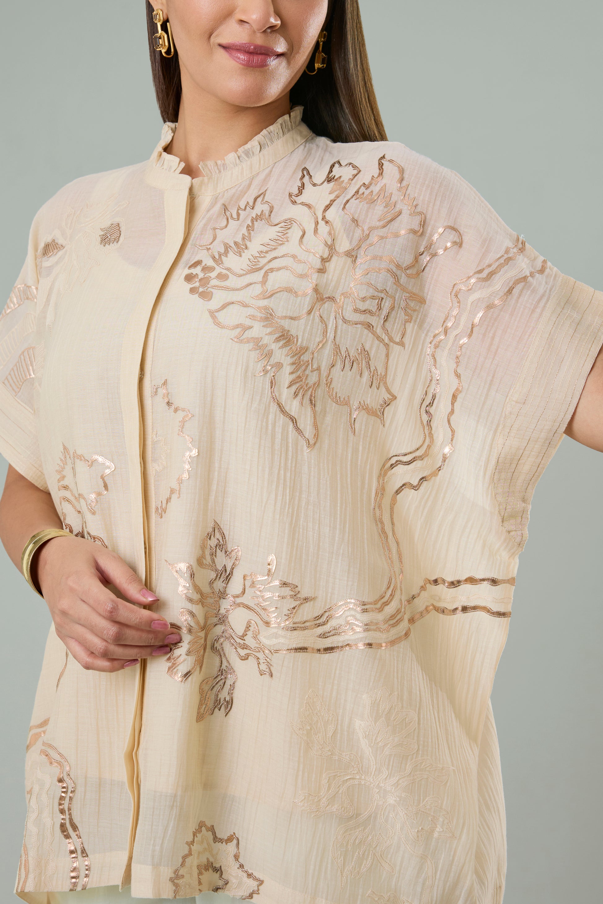 Chiku Mul-Chanderi Embroidery and Gold Appliqué Top
