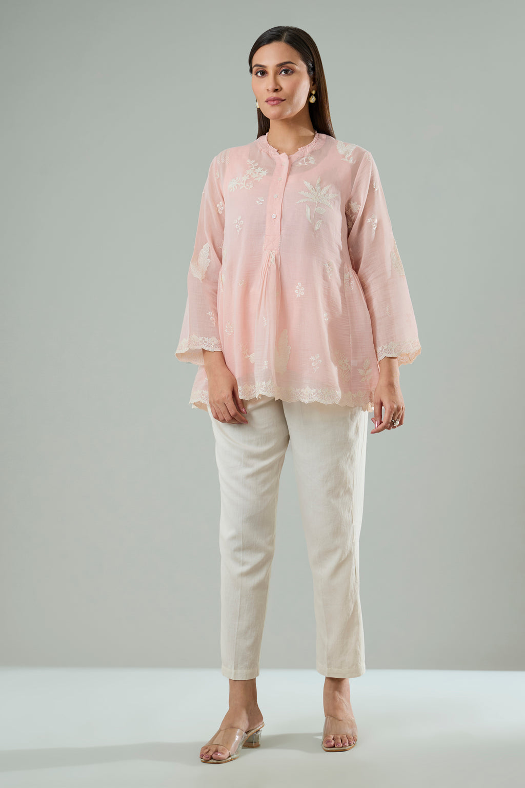 Light Rose Mul Chanderi Cream Floral Appliqué Top
