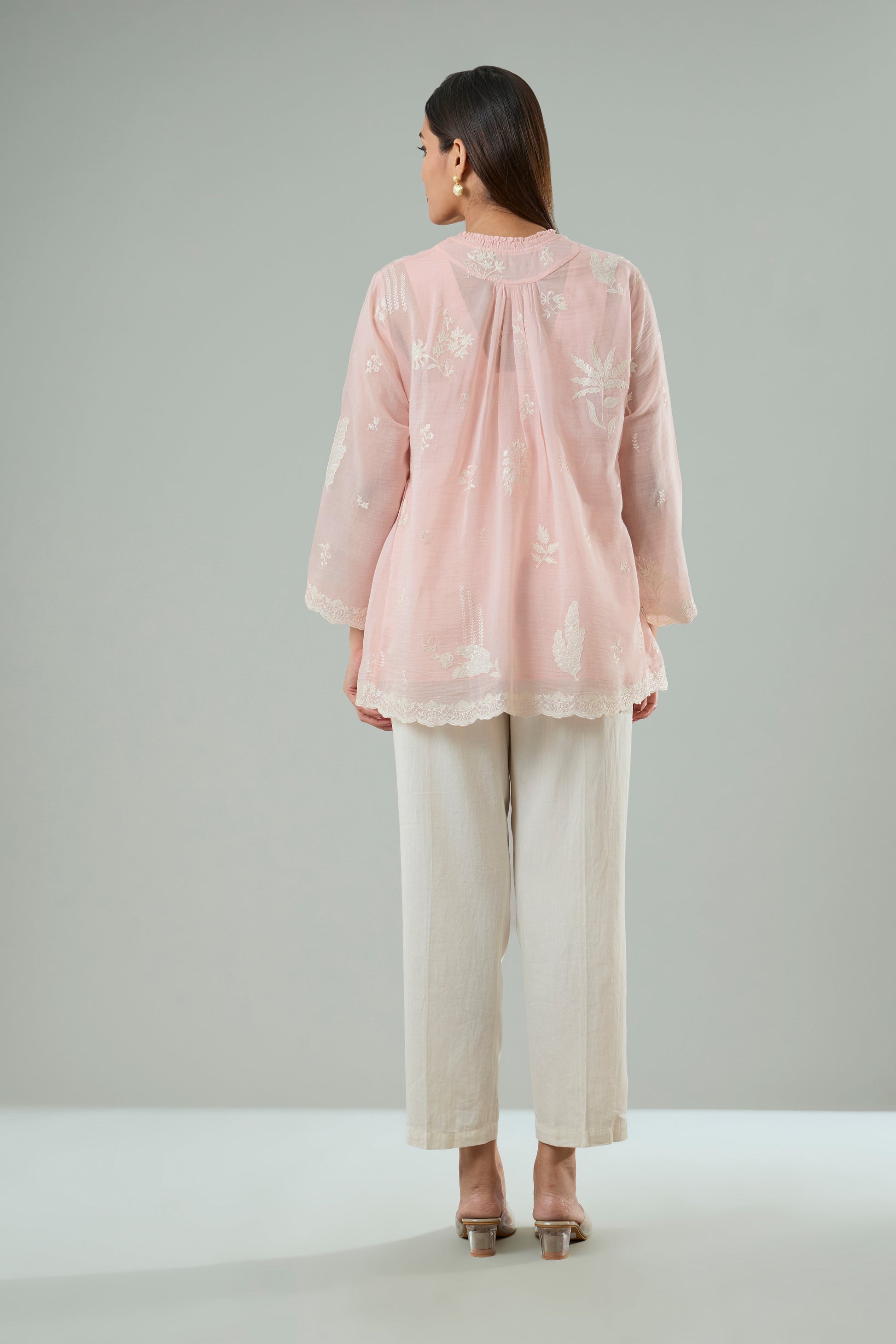 Light Rose Mul Chanderi Cream Floral Appliqué Top