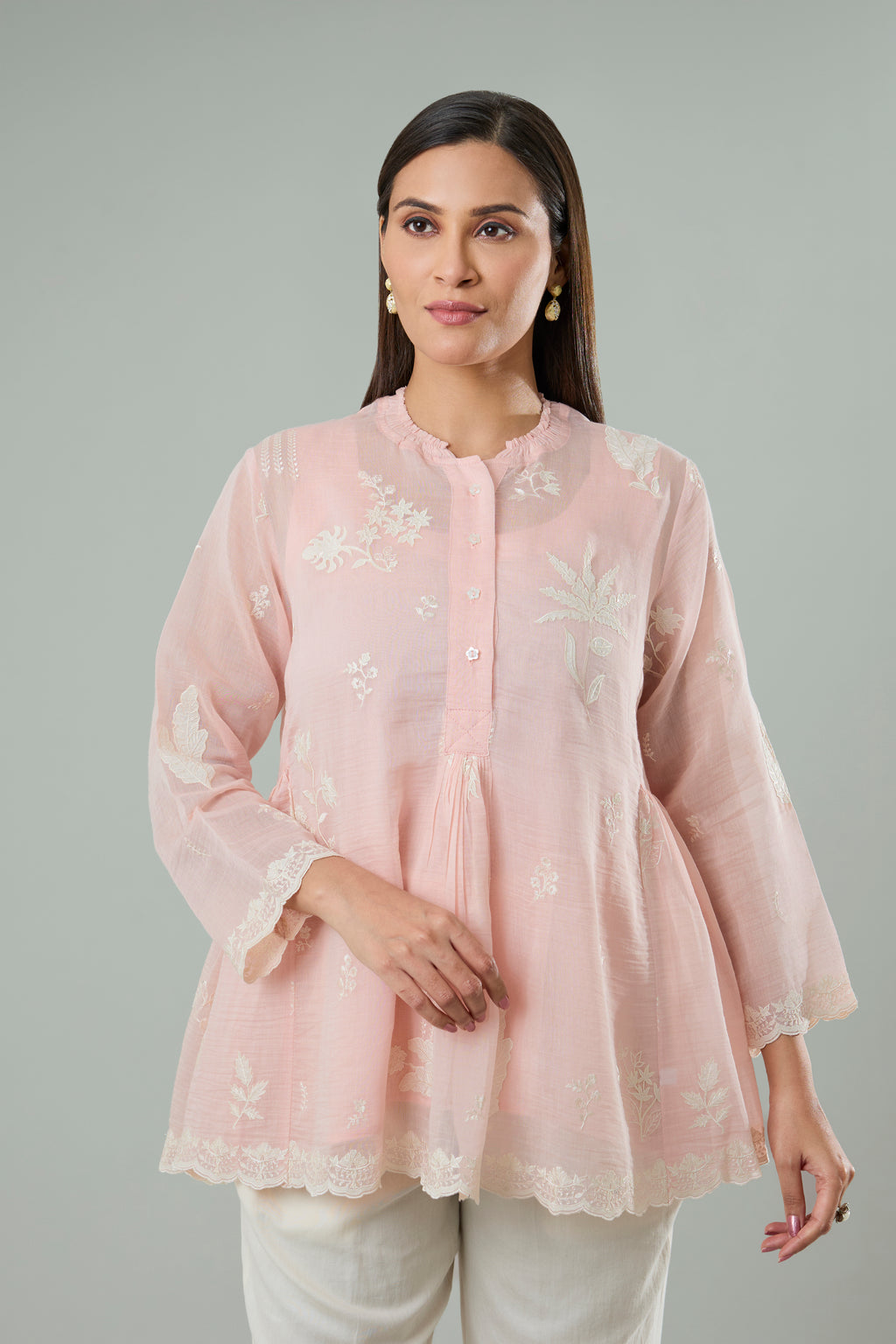 Light Rose Mul Chanderi Cream Floral Appliqué Top
