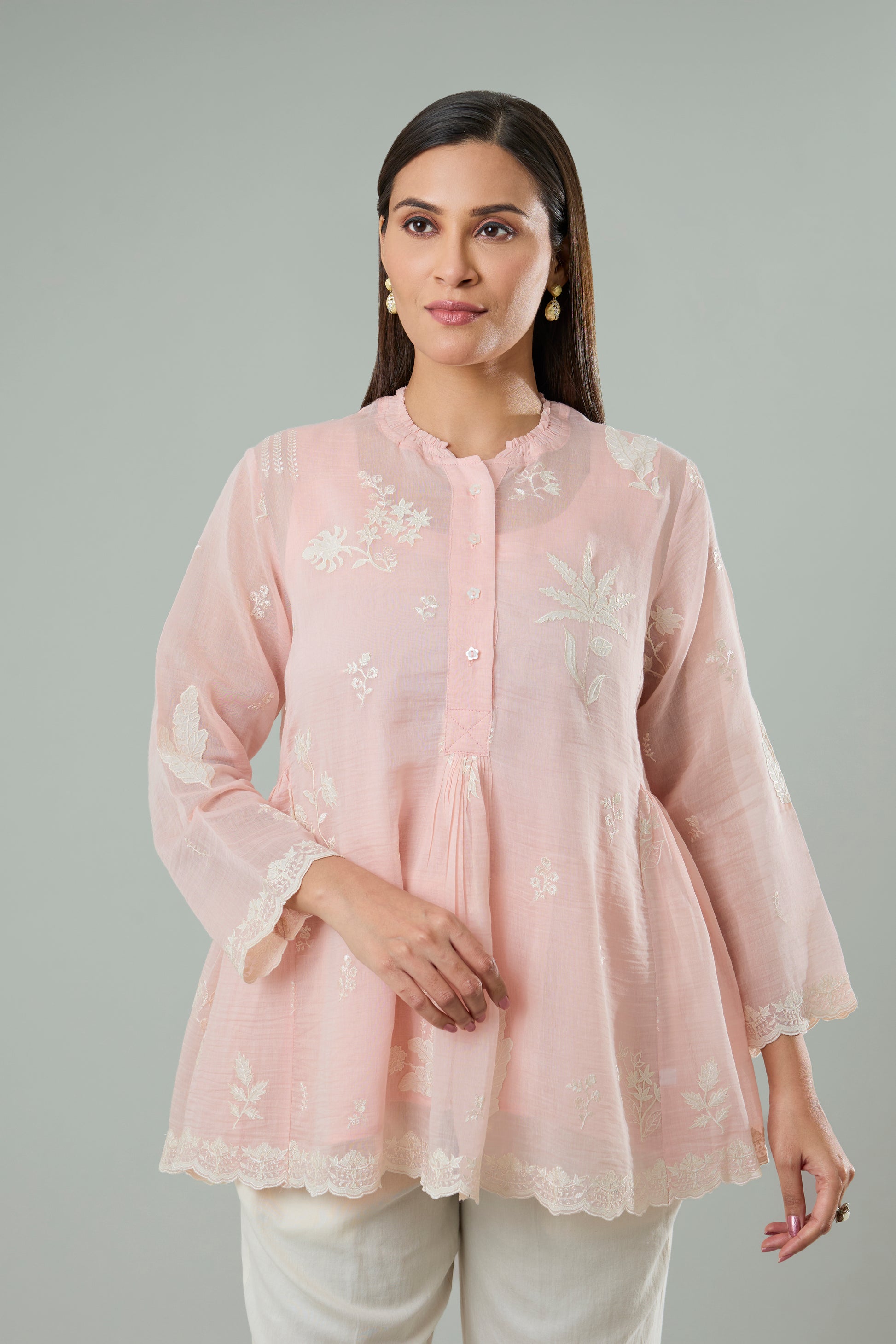 Light Rose Mul Chanderi Cream Floral Appliqué Top
