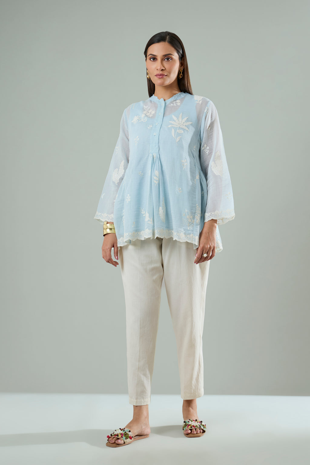 Water Blue Mul Chanderi Cream Floral Appliqué Top