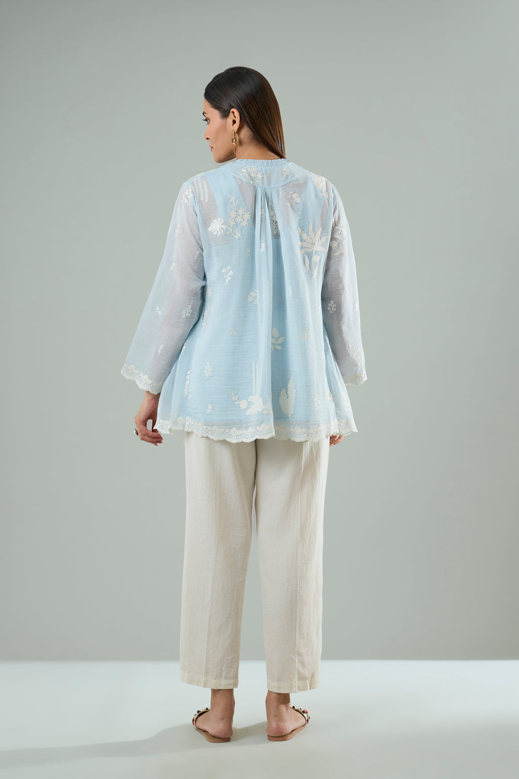 Water Blue Mul Chanderi Cream Floral Appliqué Top