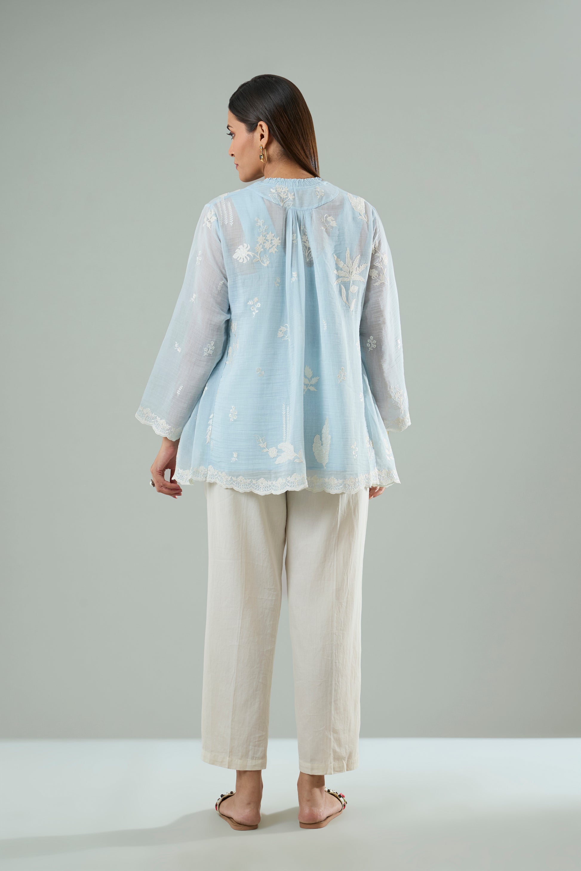 Water Blue Mul Chanderi Cream Floral Appliqué Top
