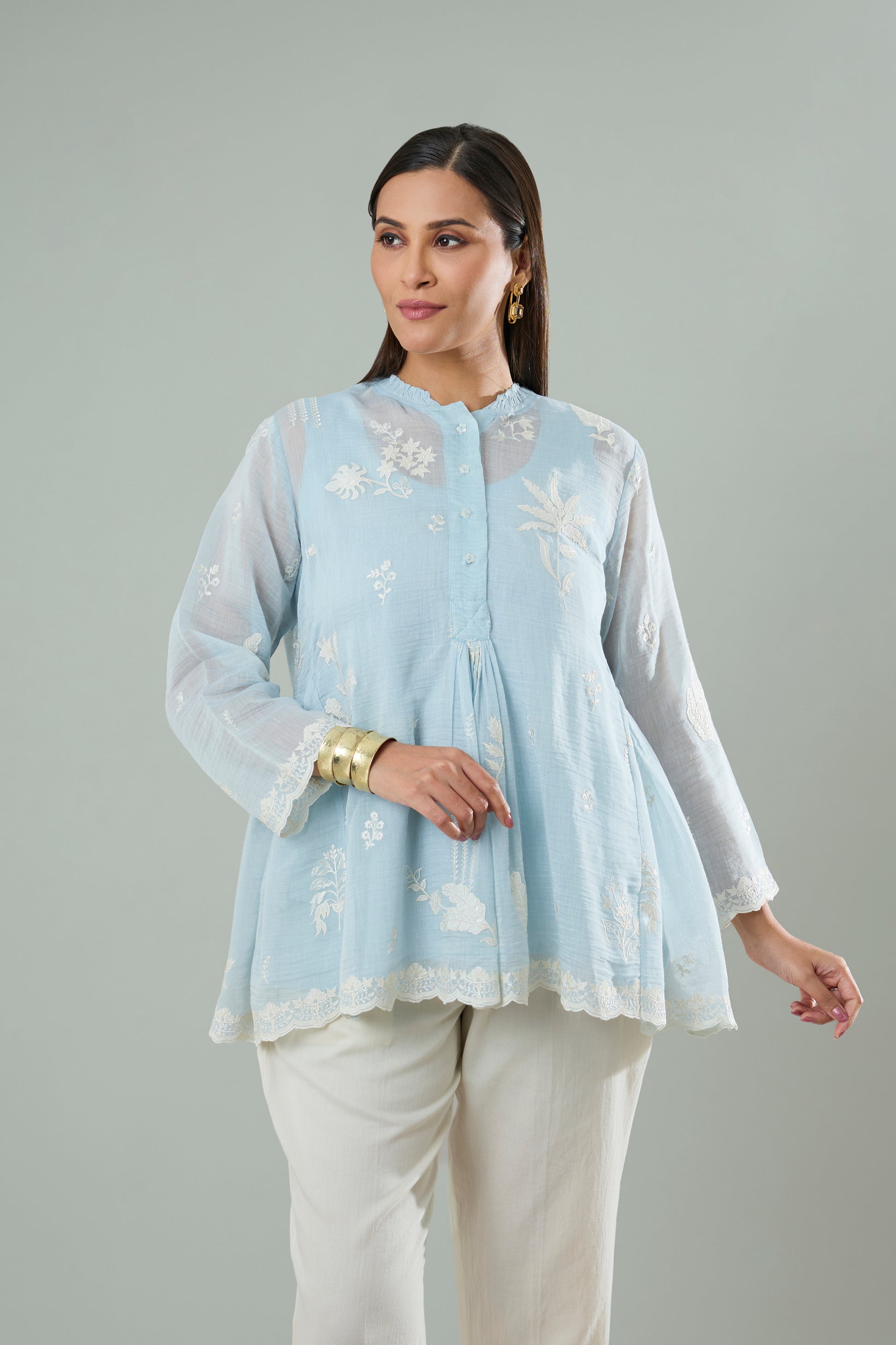 Water Blue Mul Chanderi Cream Floral Appliqué Top