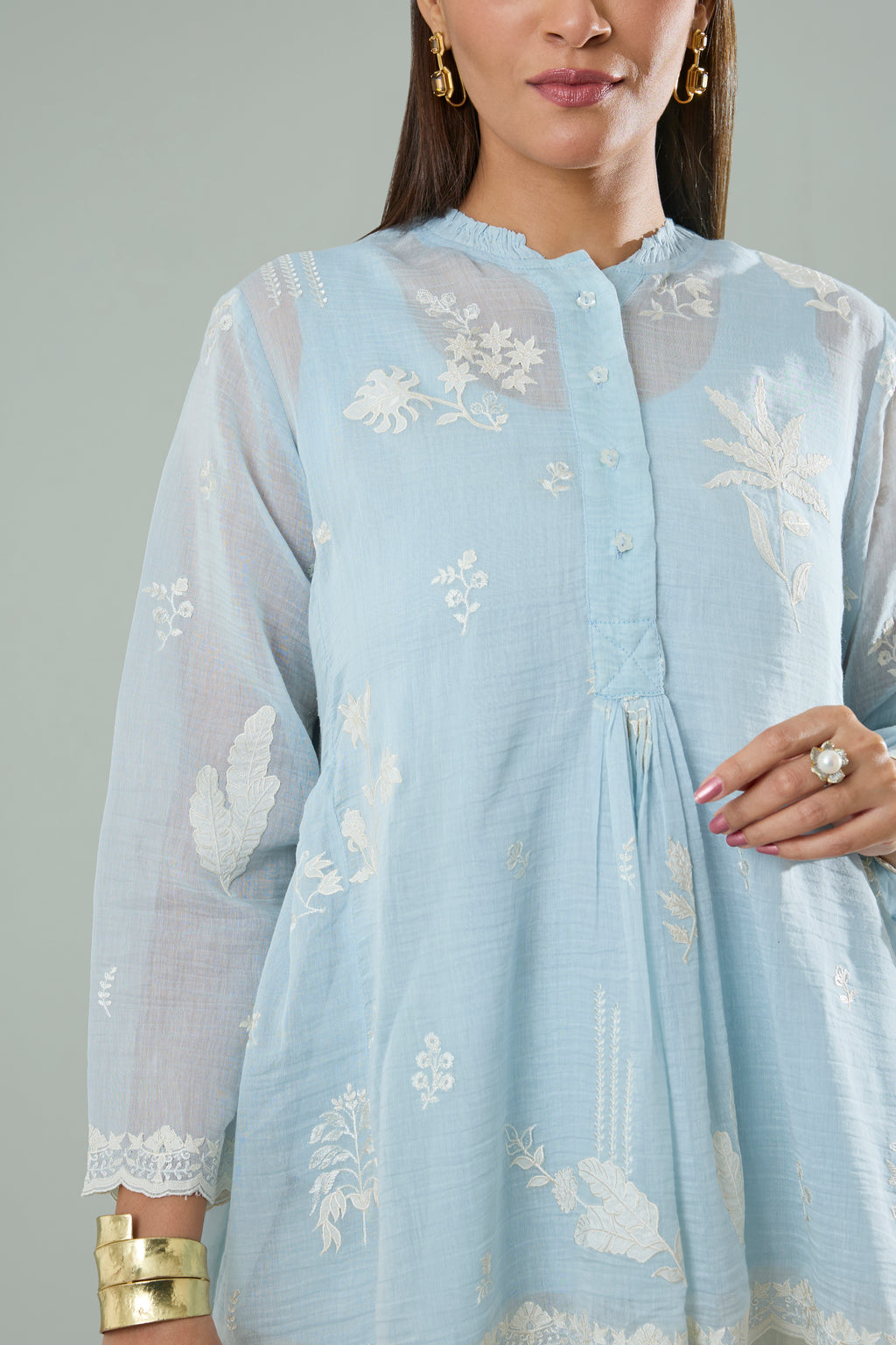 Water Blue Mul Chanderi Cream Floral Appliqué Top