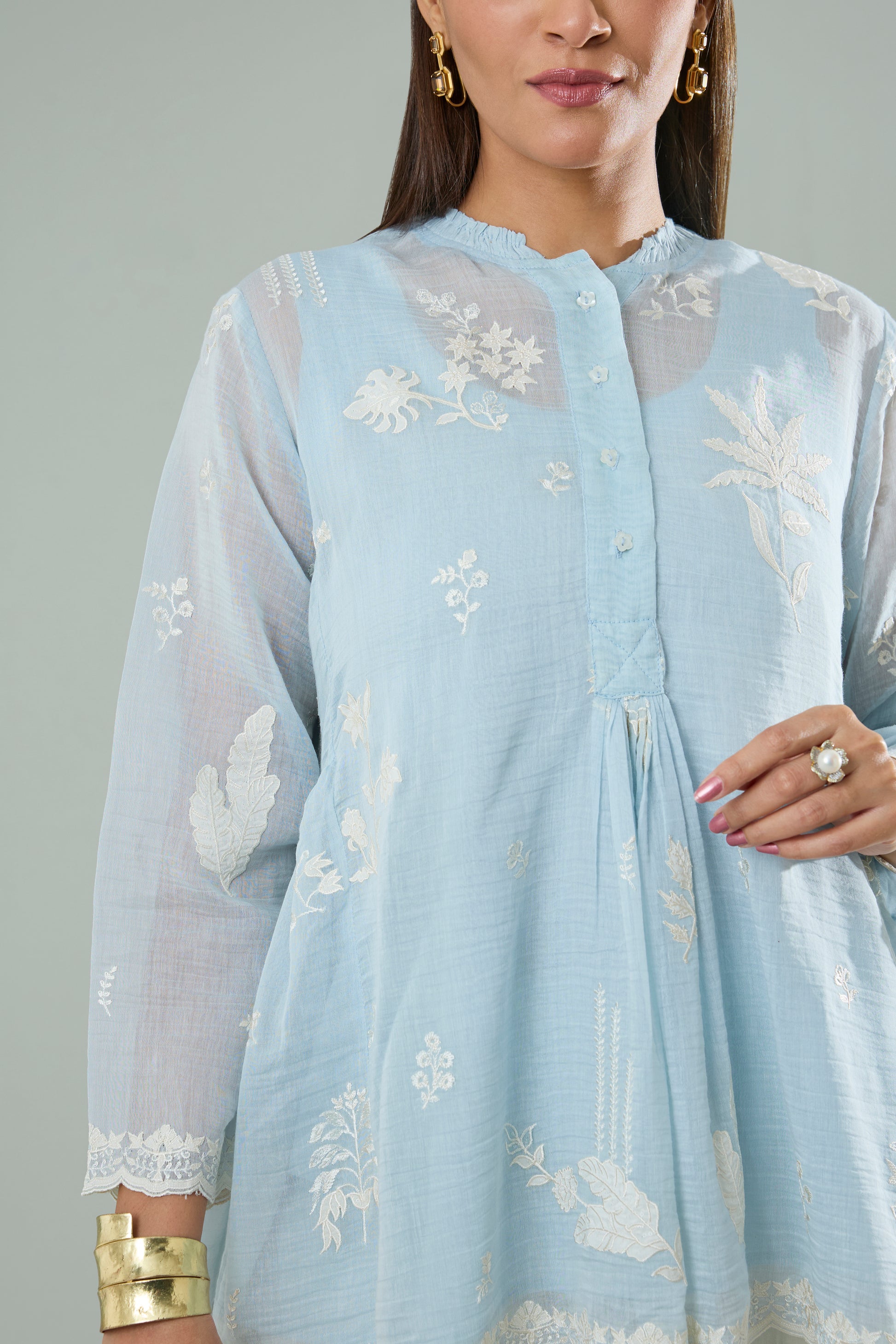 Water Blue Mul Chanderi Cream Floral Appliqué Top