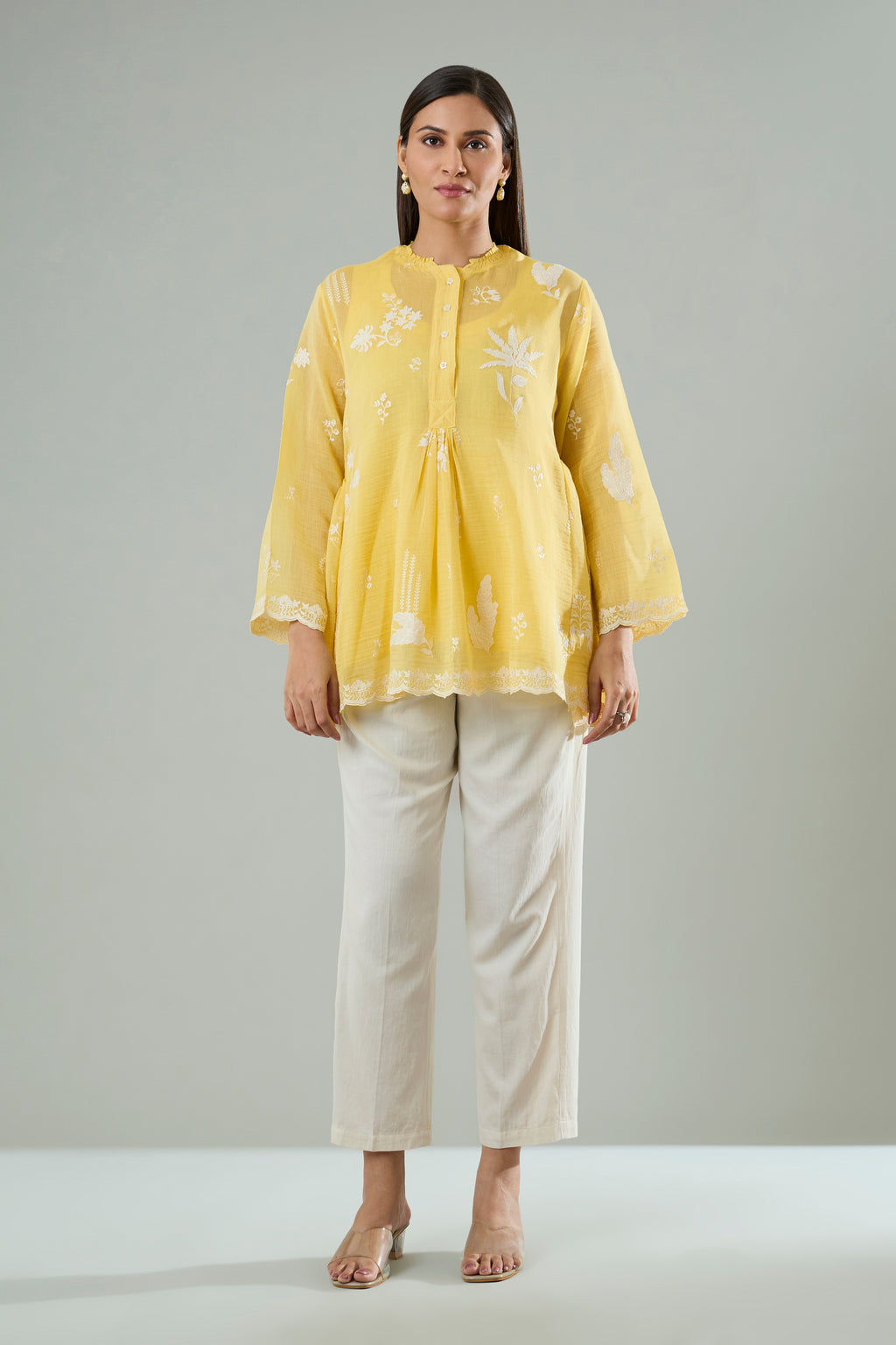 Lime Mul Chanderi Cream Floral Appliqué Top