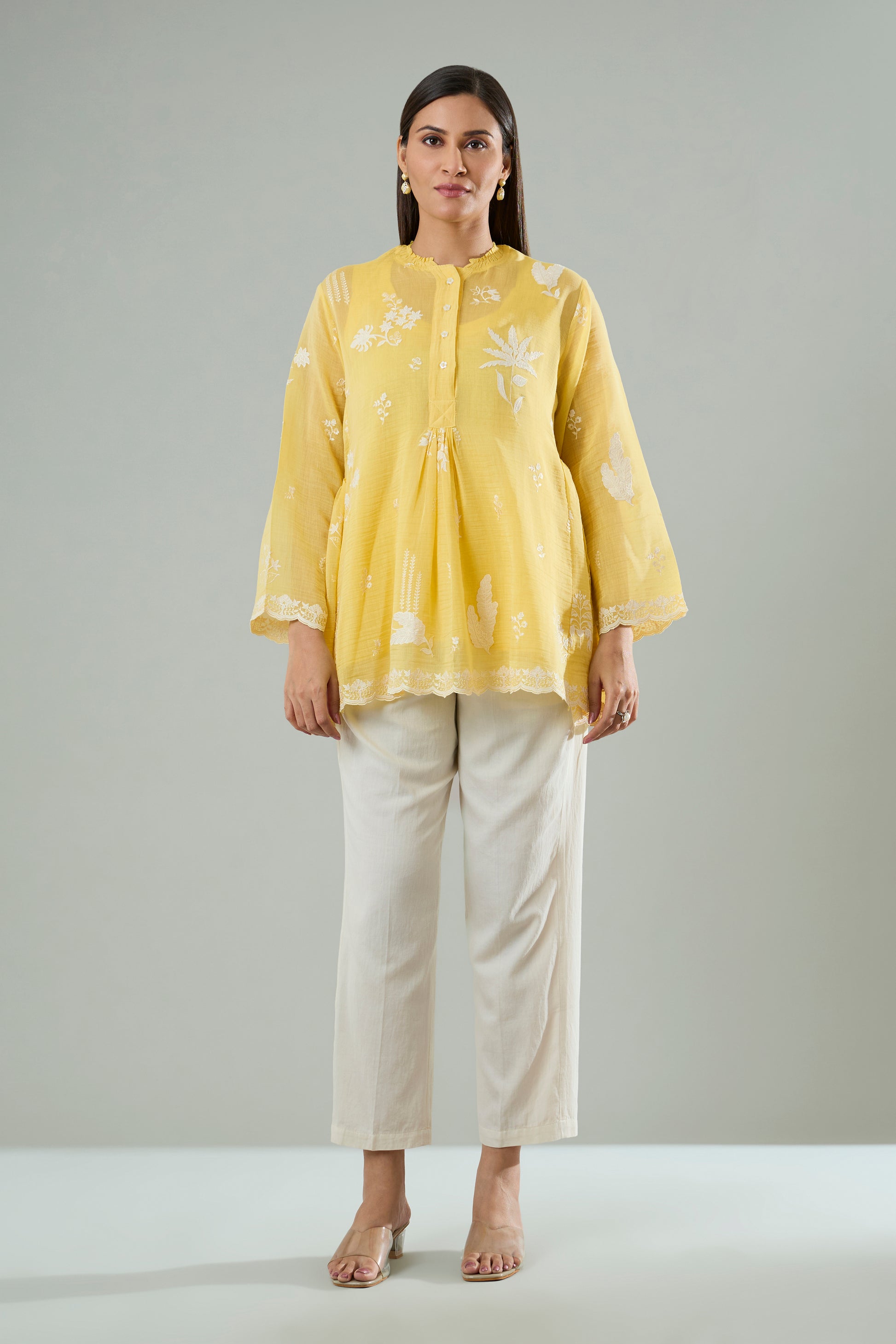 Lime Mul Chanderi Cream Floral Appliqué Top