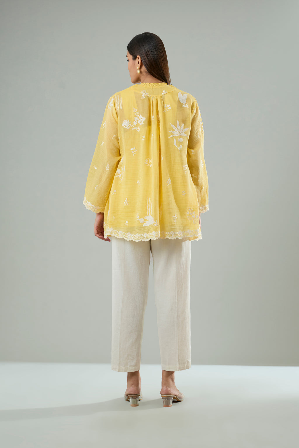 Lime Mul Chanderi Cream Floral Appliqué Top