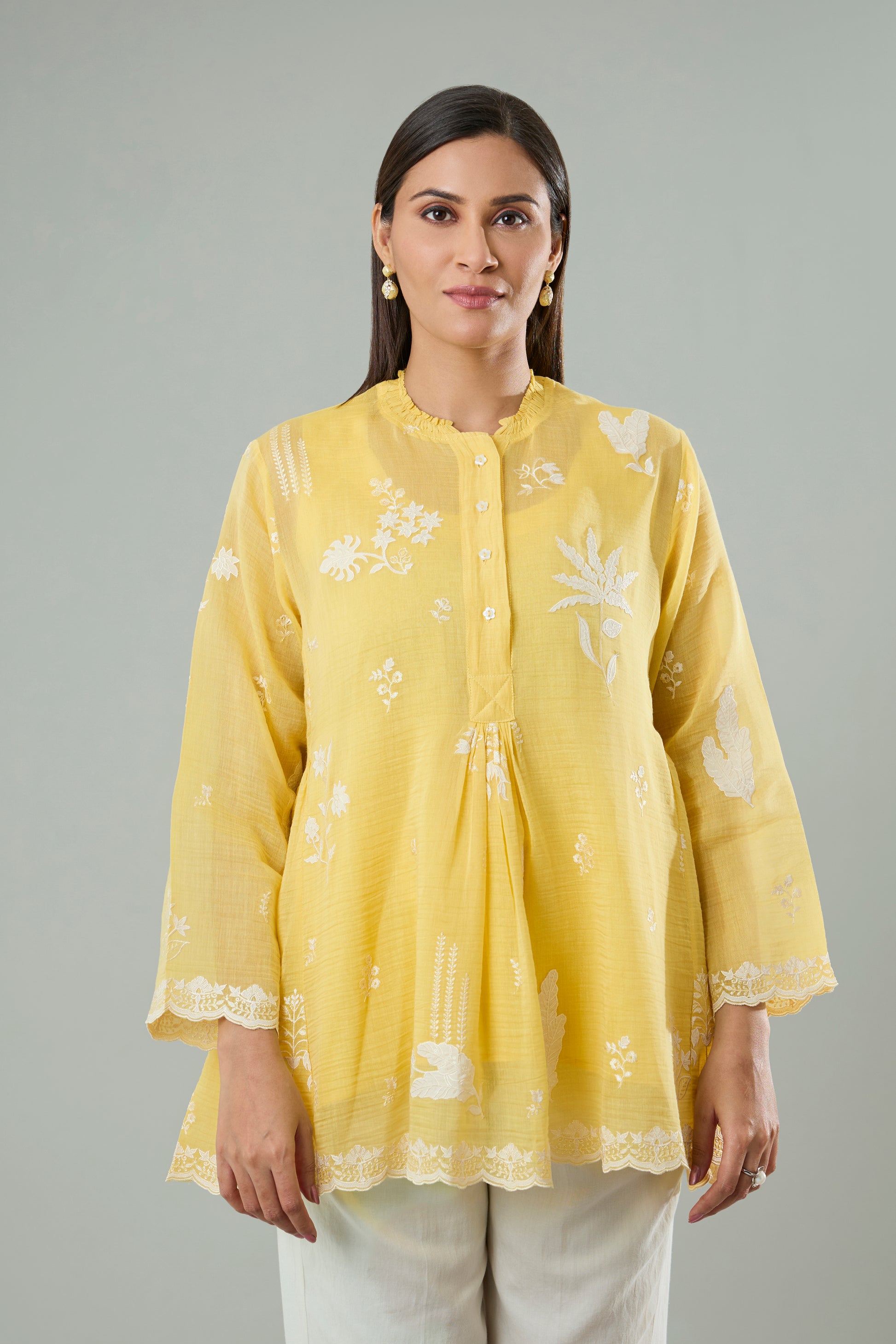 Lime Mul Chanderi Cream Floral Appliqué Top
