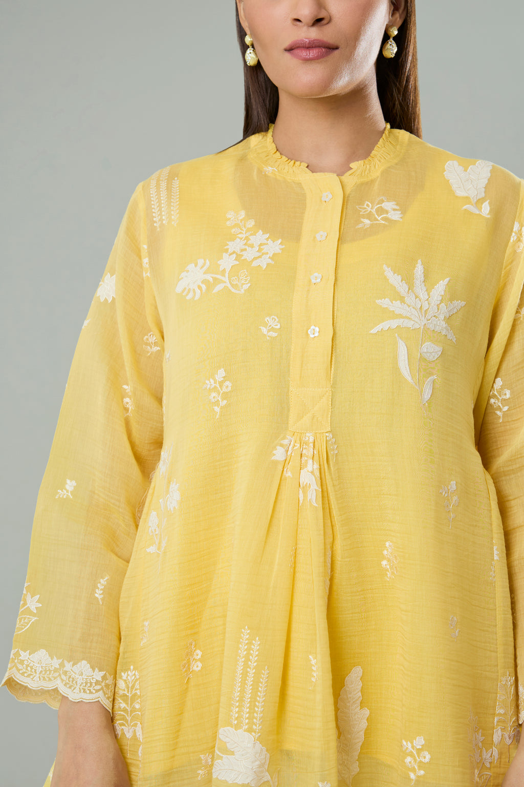 Lime Mul Chanderi Cream Floral Appliqué Top