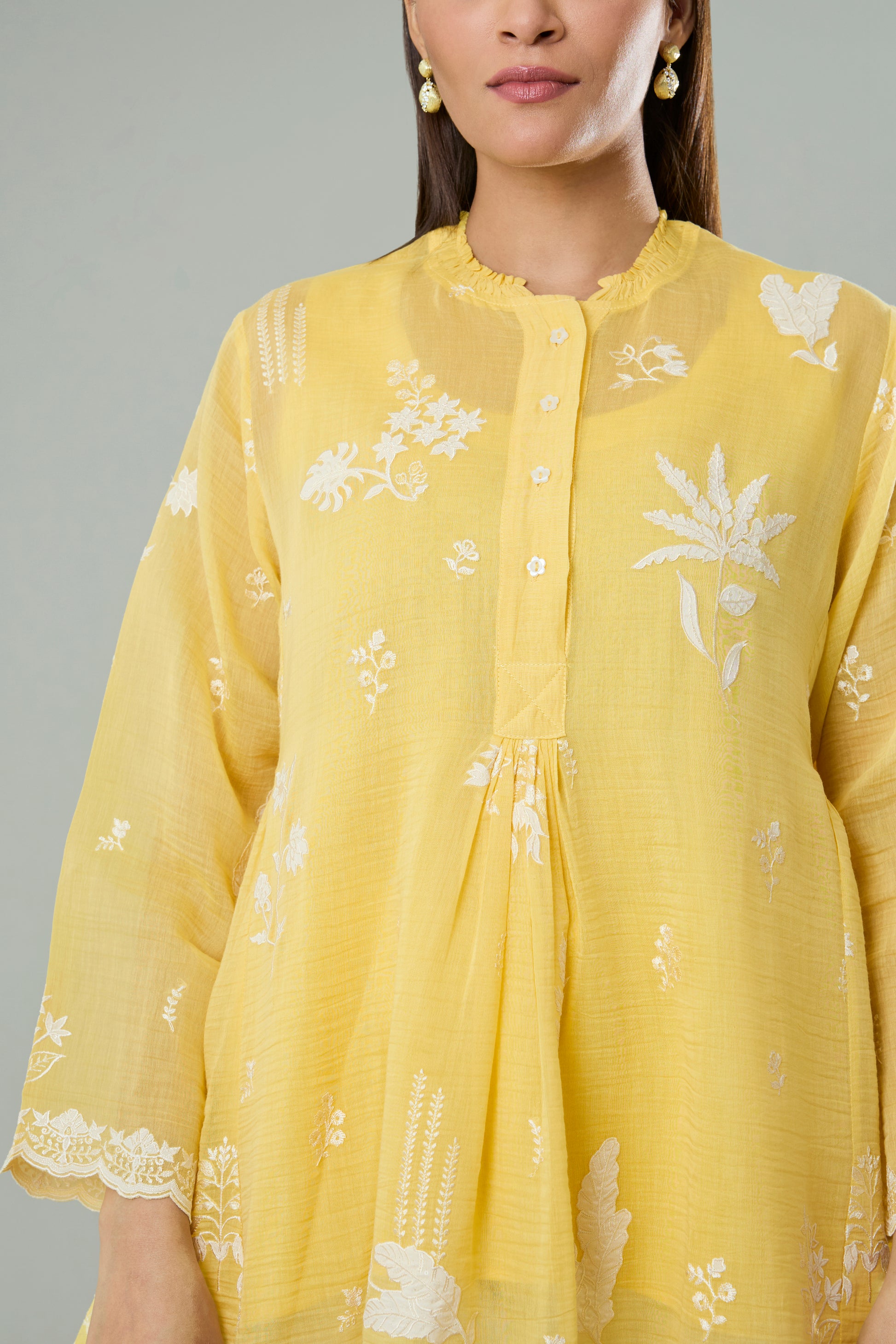 Lime Mul Chanderi Cream Floral Appliqué Top