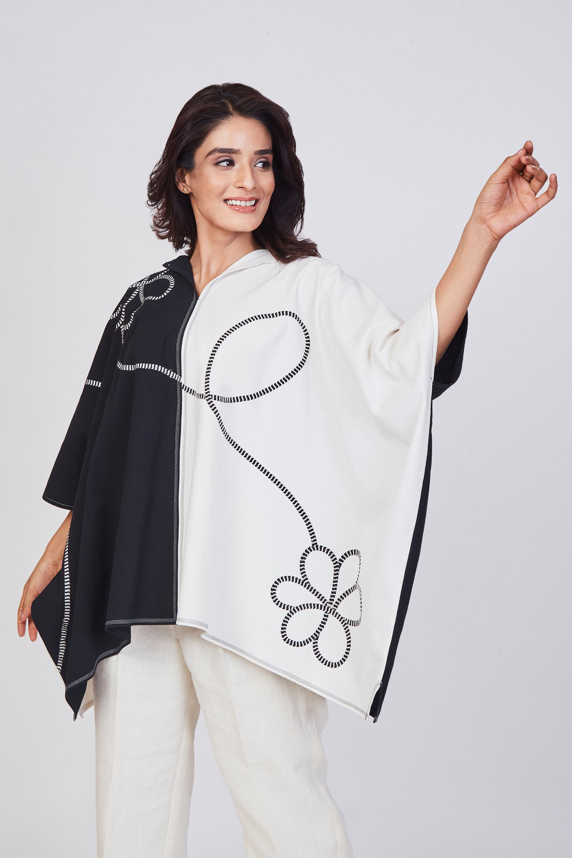 Dual-Tone Embroidered Poncho Top