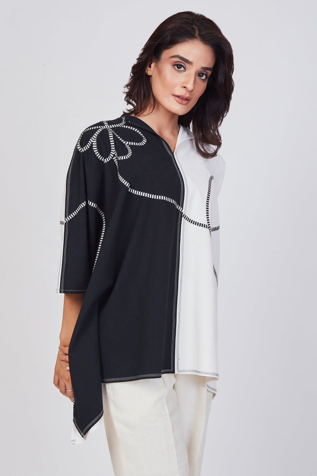 Dual-Tone Embroidered Poncho Top
